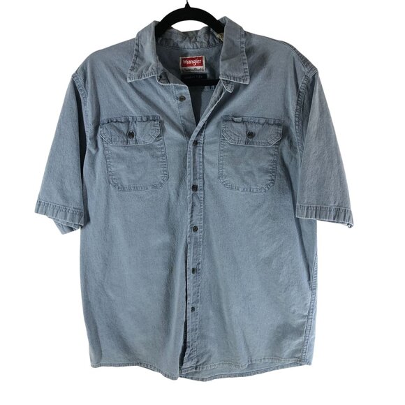 Wrangler Mens Button Down Shirt Chambray Comfort Flex Chest Pockets Blue M - Picture 1 of 4